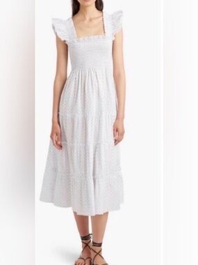 Hill House Home Ellie Nap Dress Blue White Swiss Dot Smocked Ruffle Maxi S